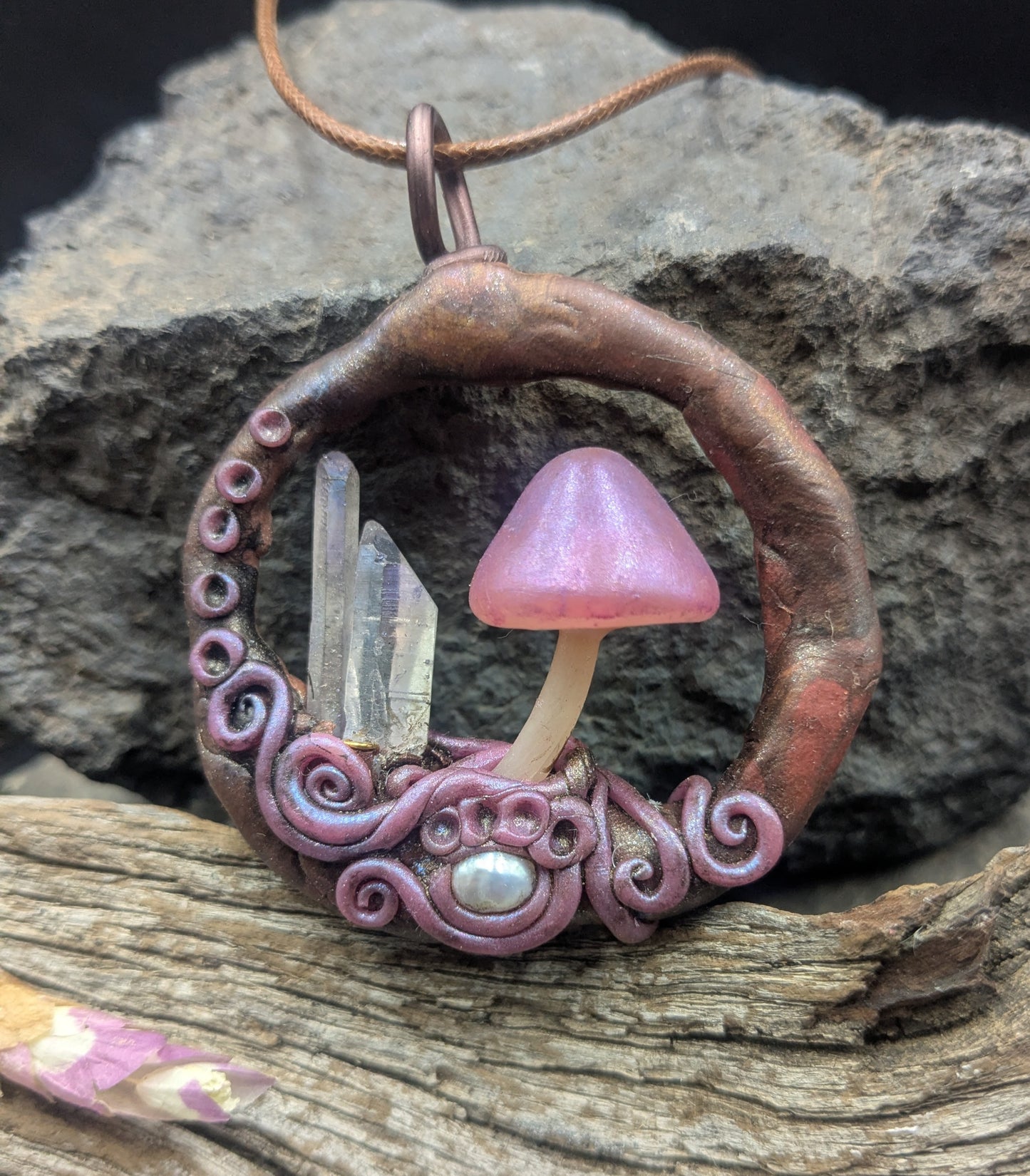 Pink Mushroom Polymer Clay in Circle Pendant with Crystals