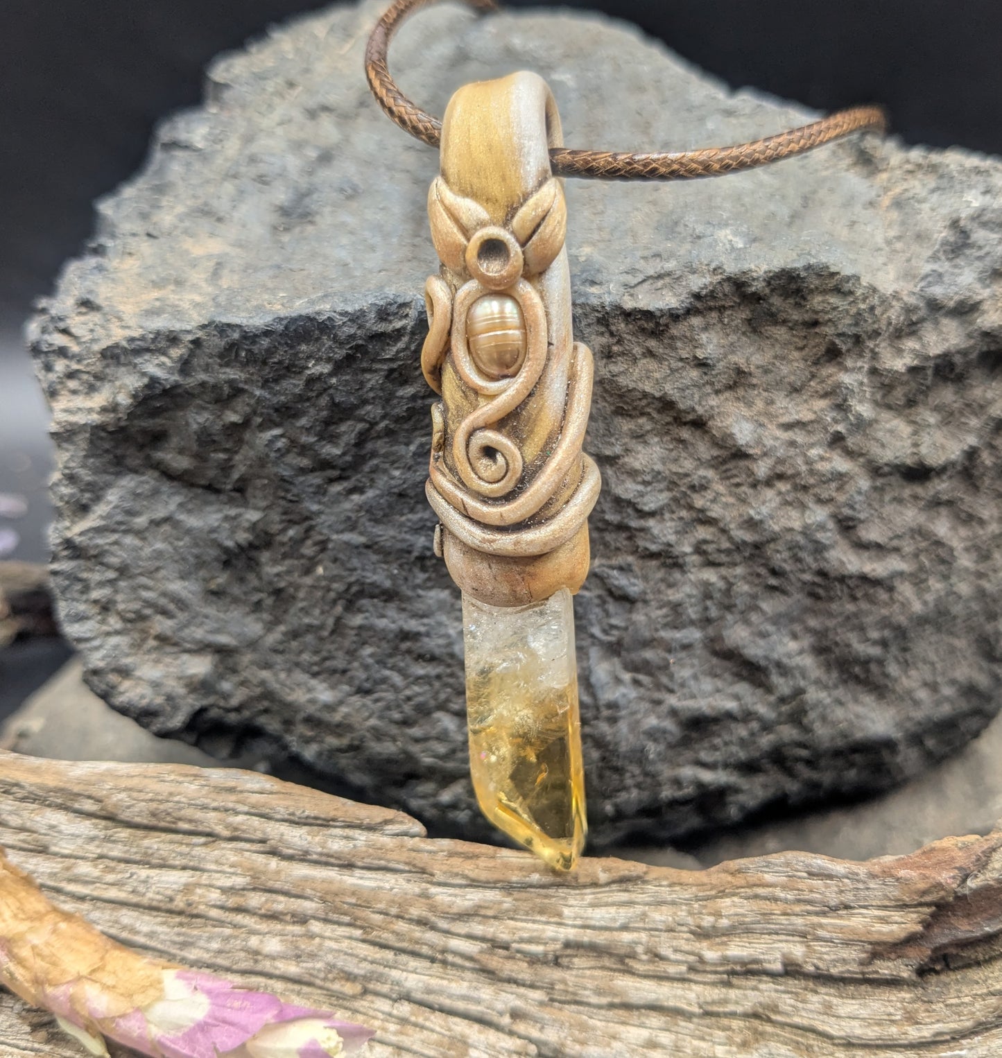 Gold Polymer Clay Pendant with Citrine Crystal and Freshwater Pearl