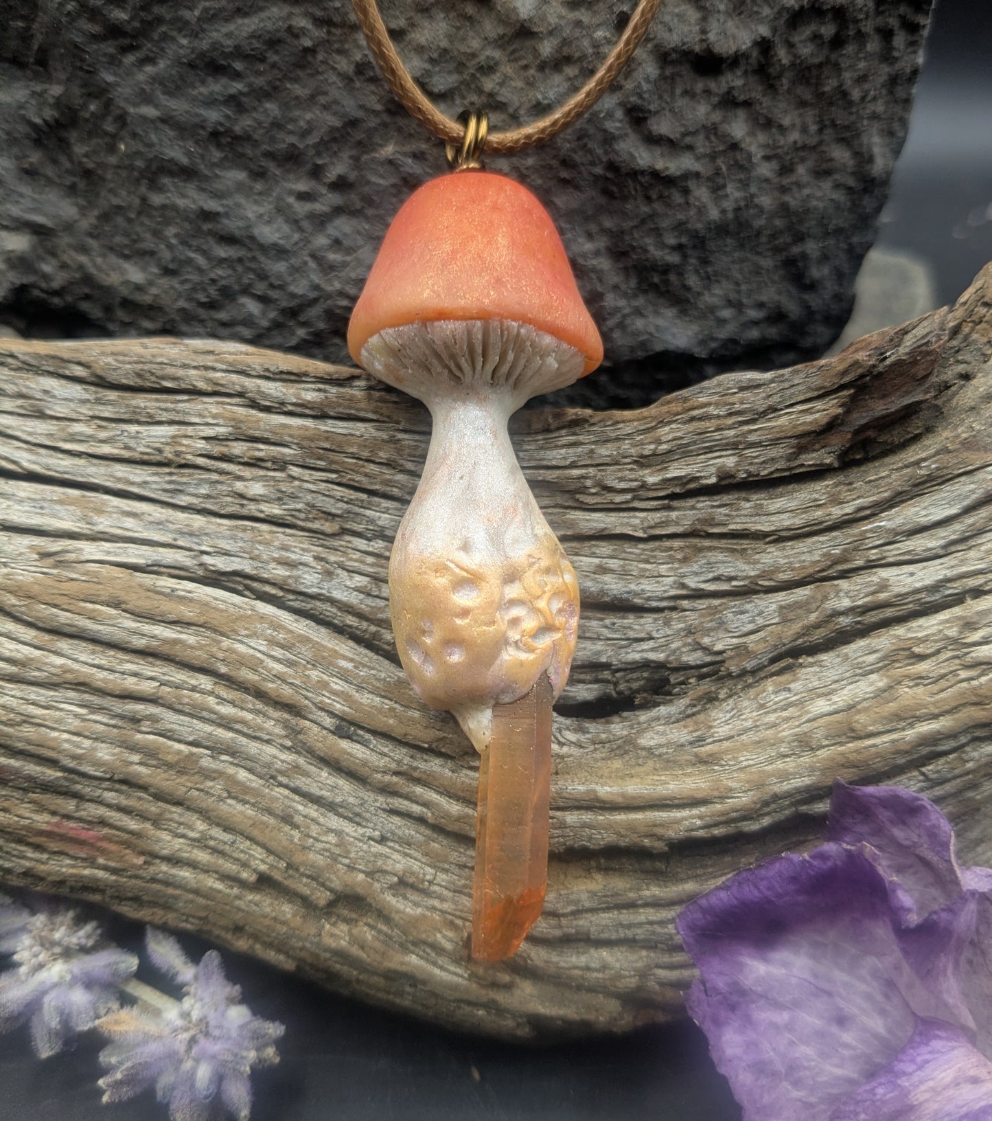 Fantasy Orange Mushroom Pendant with Citrine Crystal