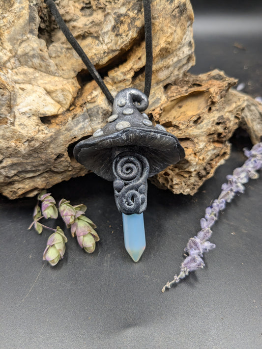 Black Mushroom Clay Pendant with Opal Crystal