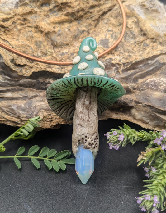 Teal Mushroom Pendant with Opal Crystal