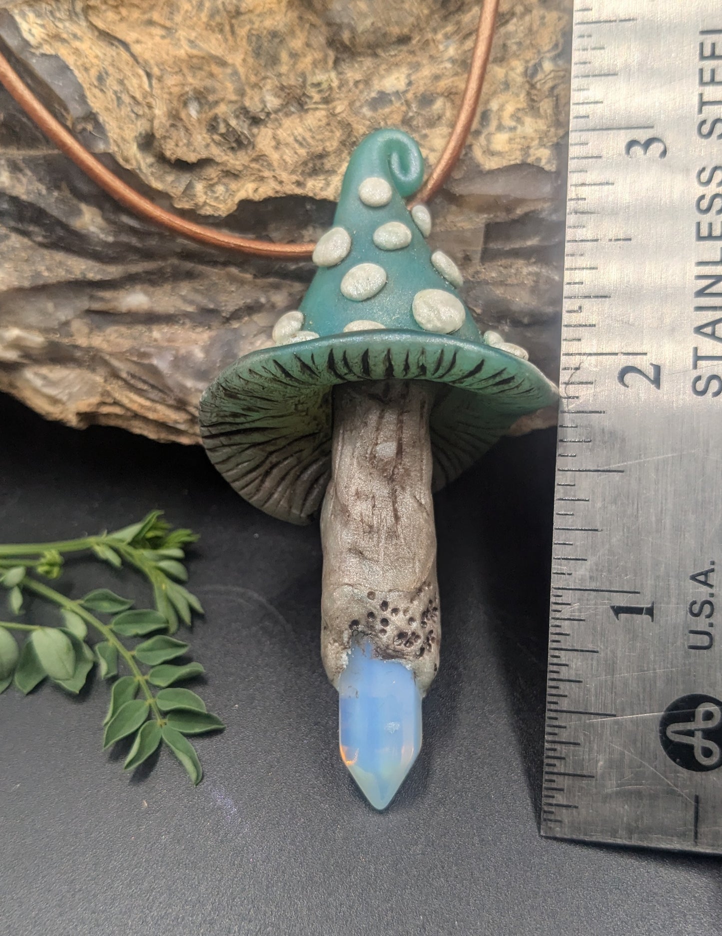 Teal Mushroom Pendant with Opal Crystal