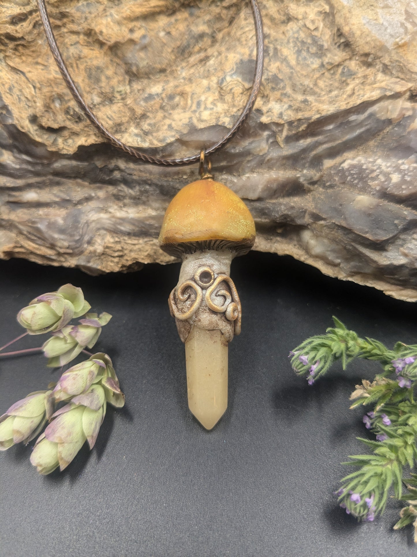 Gold Mushroom & Crystal Pendant