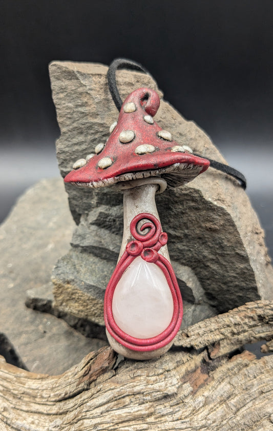 Fantasy Red Mushroom Pendant with Moonstone Cabochon